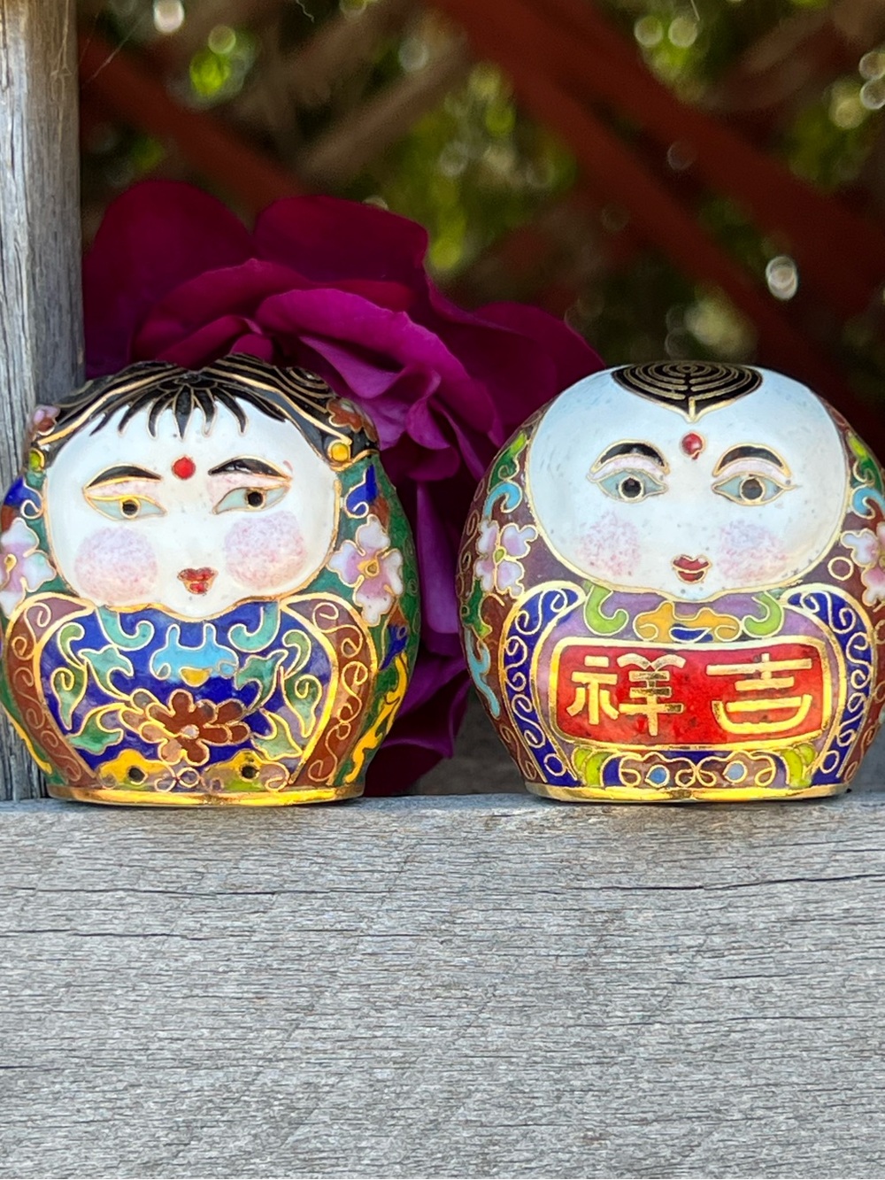 Vintage Chinese Cloisonné Doll Figurines Pair Japanese Inspired Enamel Decor